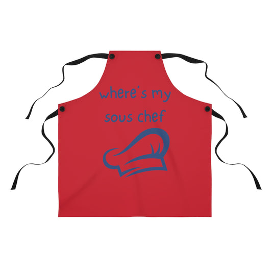 "Where's My Sous Chef" (blue on dark red) Apron SC46sbdr