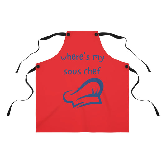 "Where's My Sous Chef" (blue on red)  Apron SC46sbr