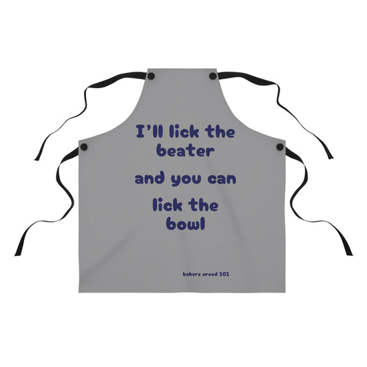 "I'll lick the beater and you can lick the bowl" (blue on gray) Apron BB110blg