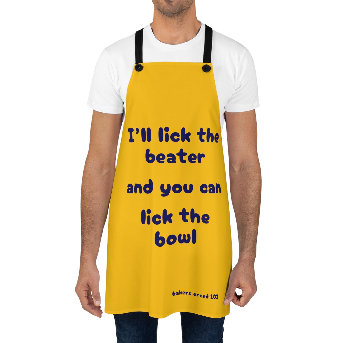 "I'll lick the beater and you can lick the bowl" (blue on yellow) Apron BB110bly