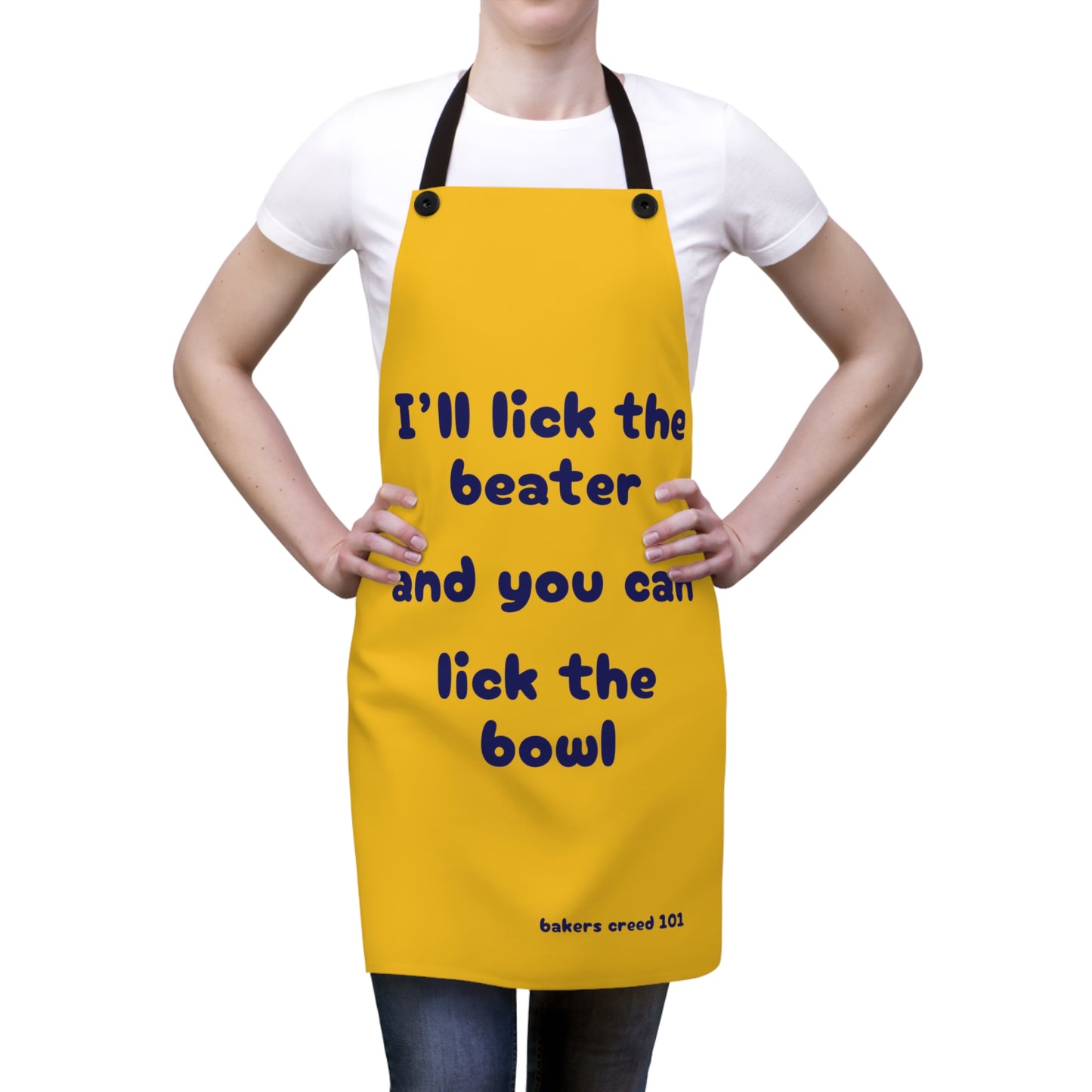 "I'll lick the beater and you can lick the bowl" (blue on yellow) Apron BB110bly